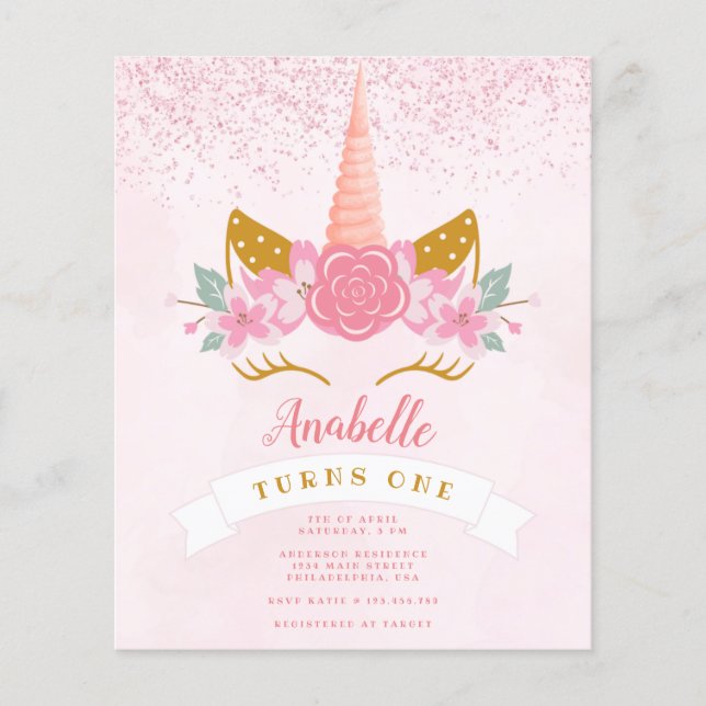 Budget Whimsical Pink Rainbow Unicorn Birthday (Front)