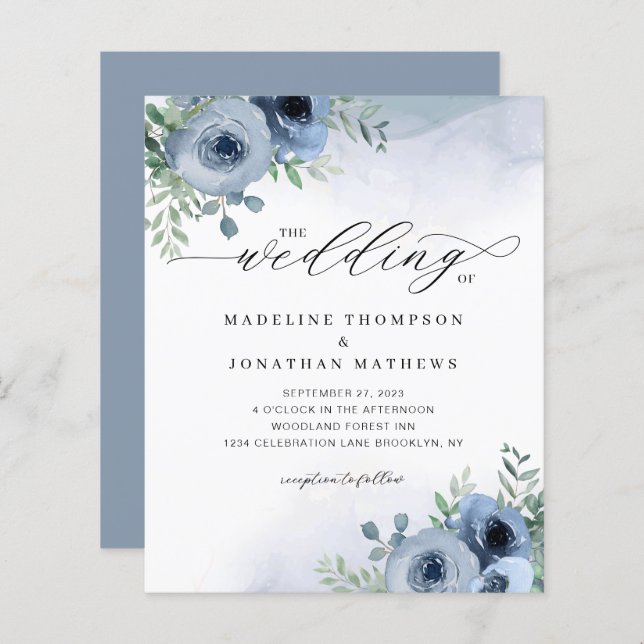 BUDGET Whimsical Script Floral Dusty Blue Wedding (Front/Back)