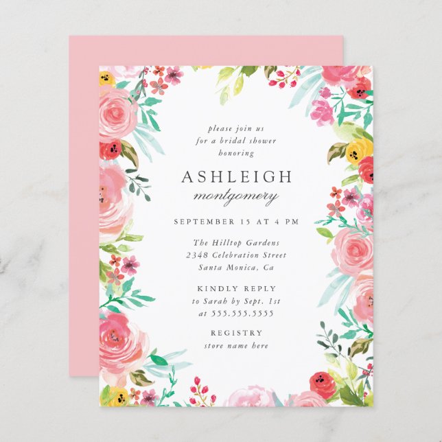 Budget Whimsical Watercolor Wreath Bridal Shower (Front/Back)