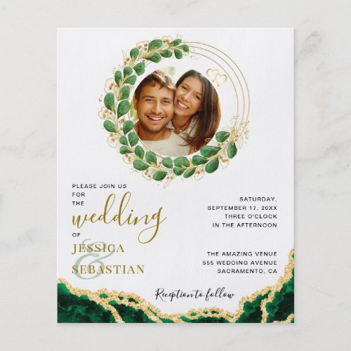 Budget White and Emerald Agate Eucalyptus Wedding Flyer