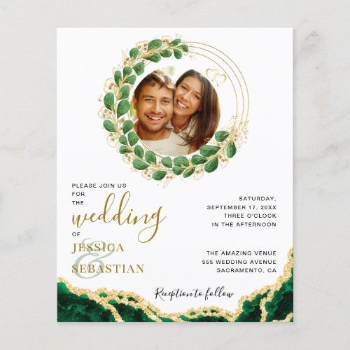 Budget White and Emerald Agate Eucalyptus Wedding Flyer