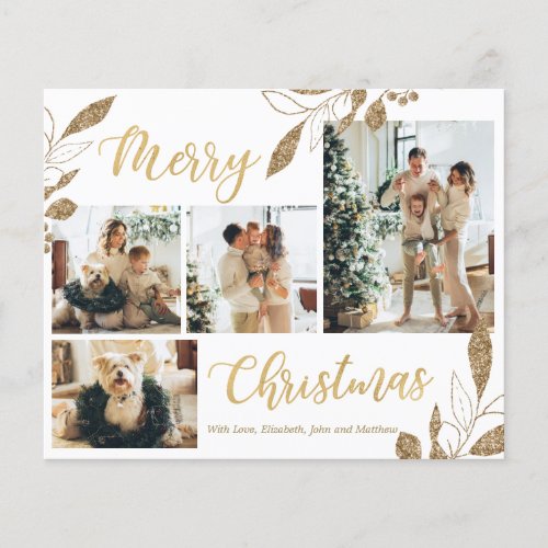 Budget White and Gold Photo Collage Christmas Card