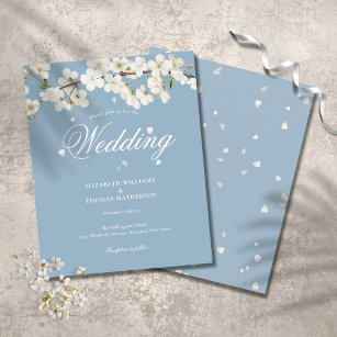 Budget White Blossom Dusty Blue Wedding Invitation