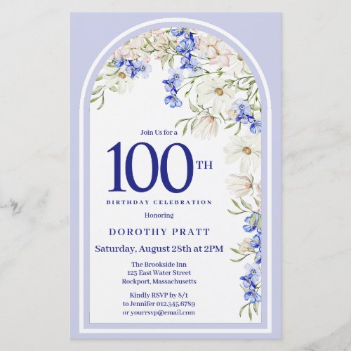 Budget White Blue Floral 100th Birthday Invite