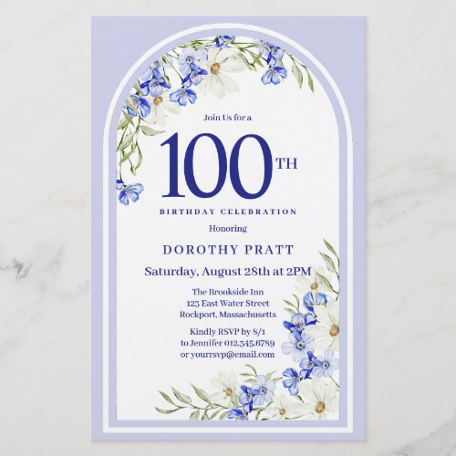 Budget White Blue Floral 100th Birthday Invite