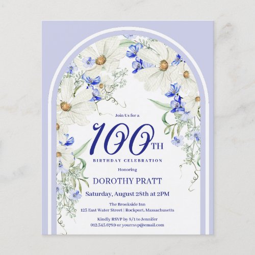 Budget White Blue Floral 100th Birthday Invite