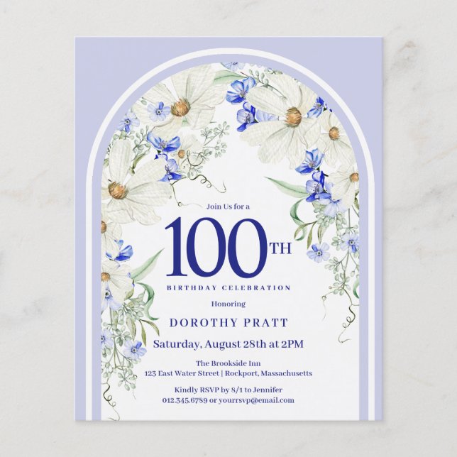 Budget White Blue Floral 100th Birthday Invite (Front)