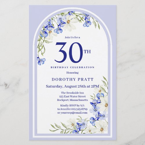 Budget White Blue Floral 30th Birthday Invite