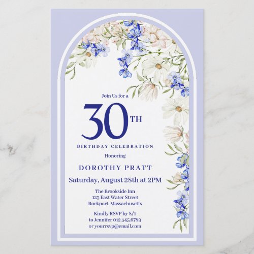 Budget White Blue Floral 30th Birthday Invite