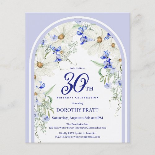 Budget White Blue Floral 30th Birthday Invite