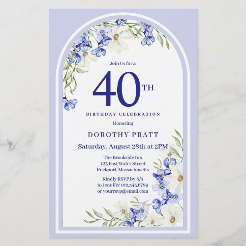 Budget White Blue Floral 40th Birthday Invite