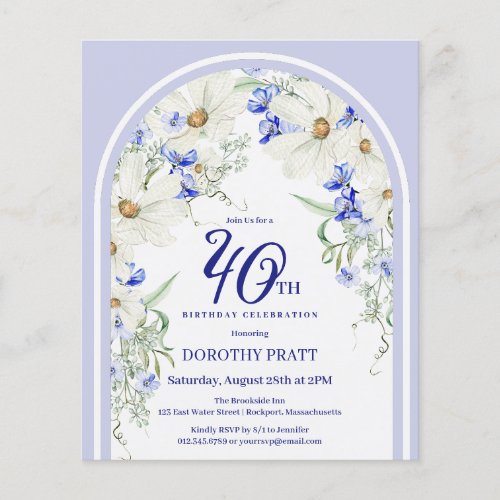 Budget White Blue Floral 40th Birthday Invite