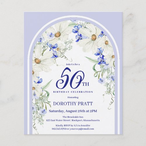 Budget White Blue Floral 50th Birthday Invite