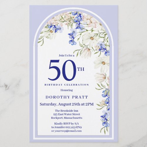 Budget White Blue Floral 50th Birthday Invite