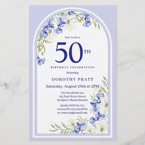 Budget White Blue Floral 50th Birthday Invite