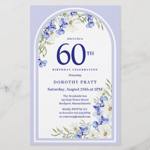 Budget White Blue Floral 60th Birthday Invite