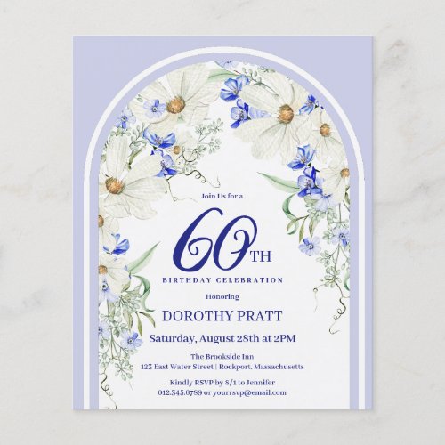 Budget White Blue Floral 60th Birthday Invite