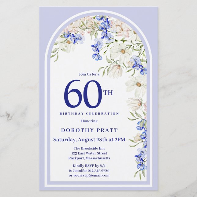 Budget White Blue Floral 60th Birthday Invite (Front)