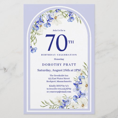 Budget White Blue Floral 70th Birthday Invite