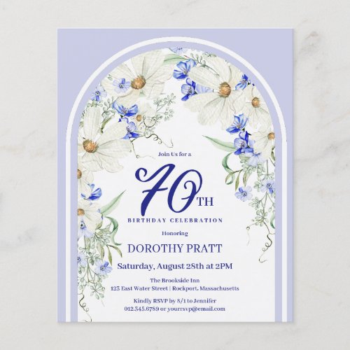 Budget White Blue Floral 70th Birthday Invite