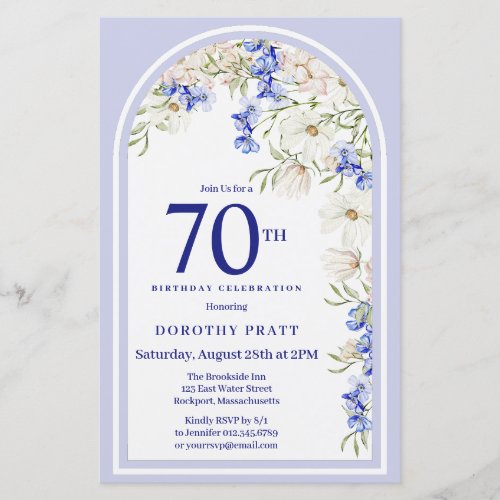 Budget White Blue Floral 70th Birthday Invite