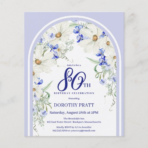 Budget White Blue Floral 80th Birthday Invite