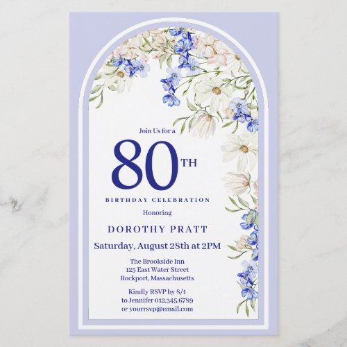 Budget White Blue Floral 80th Birthday Invite