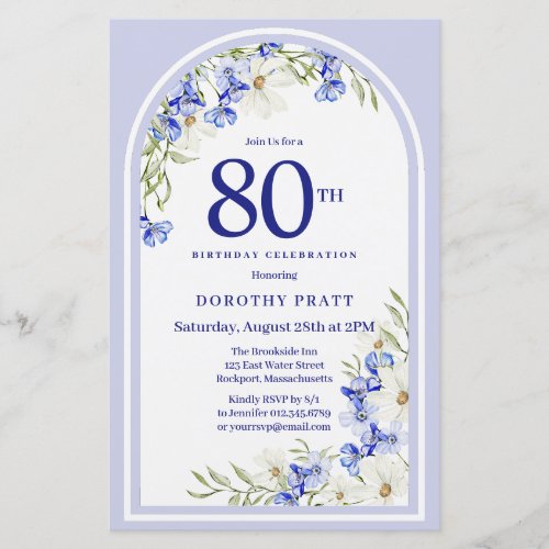 Budget White Blue Floral 80th Birthday Invite