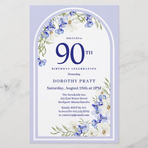 Budget White Blue Floral 90th Birthday Invite