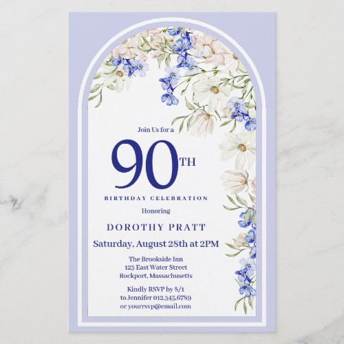 Budget White Blue Floral 90th Birthday Invite