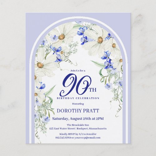 Budget White Blue Floral 90th Birthday Invite