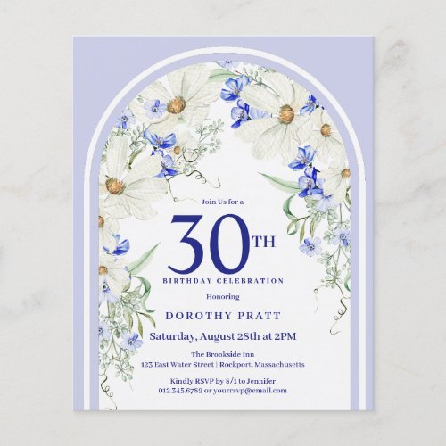 Budget White Blue Floral Arch 30th Birthday Invite