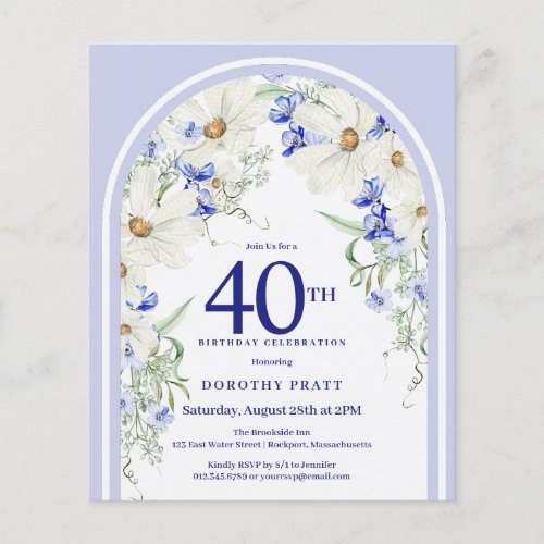 Budget White Blue Floral Arch 40th Birthday Invite