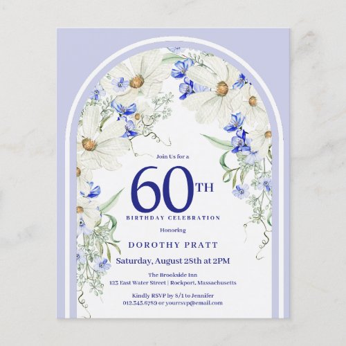 Budget White Blue Floral Arch 60th Birthday Invite