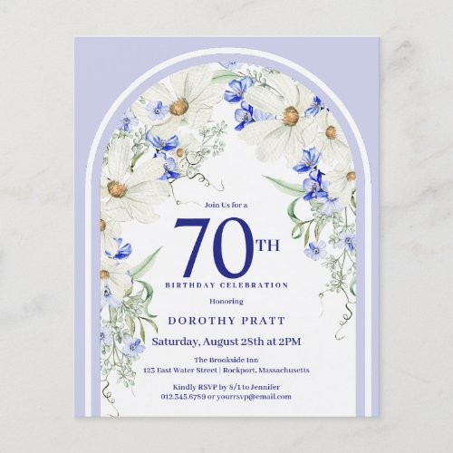 Budget White Blue Floral Arch 70th Birthday Invite