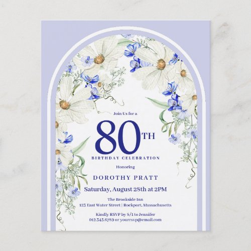 Budget White Blue Floral Arch 80th Birthday Invite