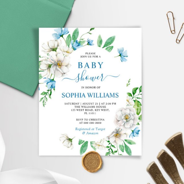 Budget White & Blue Floral Baby Shower Invitation (Creator Uploaded)
