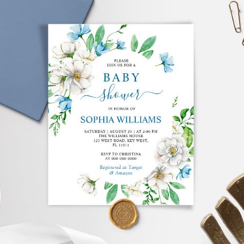 Budget White  Blue Floral Baby Shower Invitation