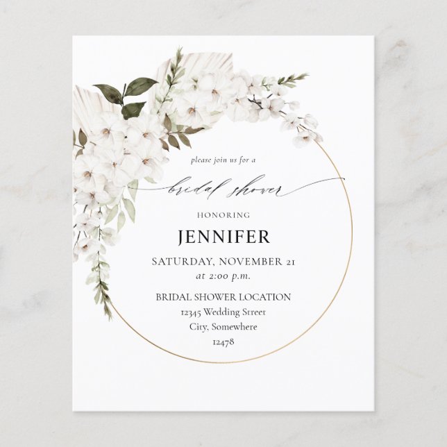 Budget White Boho Floral Bridal Shower Flyer (Front)