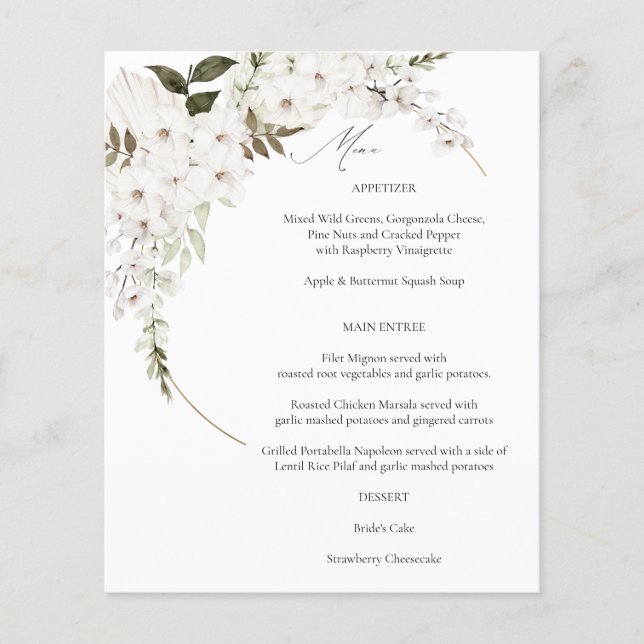 Budget White Boho Floral Menu Flyer (Front)