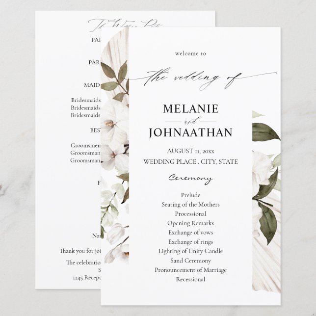 Budget White Boho Floral Wedding Program MED (Front/Back)