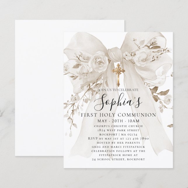 BUDGET White Bow Rose First Communion Invite (Front/Back)