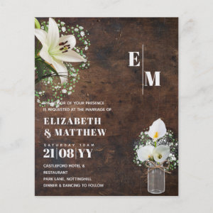 BUDGET White Calla Lily  Shabby Wedding Invite Flyer
