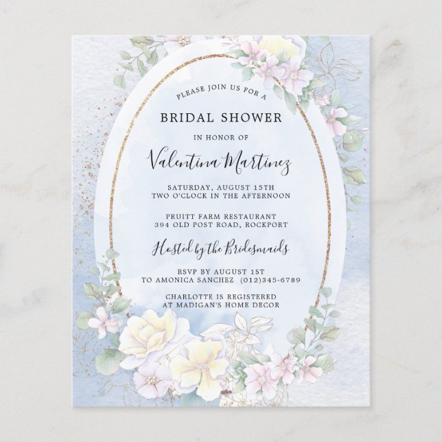 Budget White Floral Blue Bridal Shower Invitation (Front)