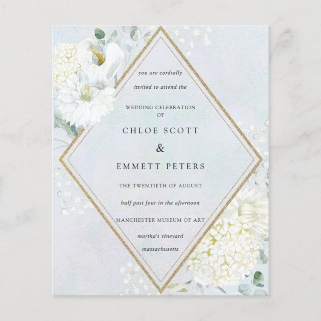 Budget White Floral Blue Wedding Invitation (Front)