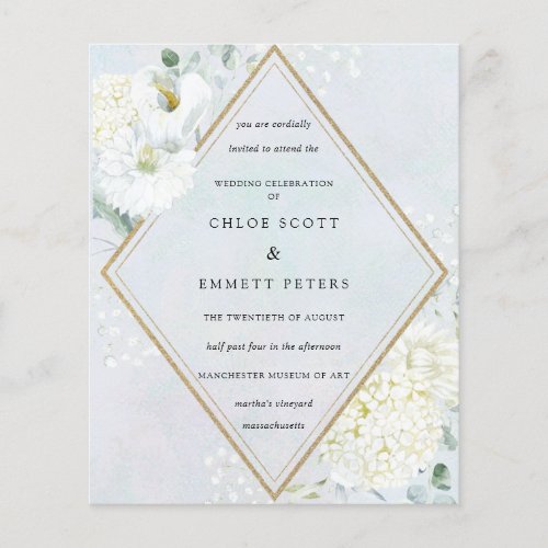 Budget White Floral Blue Wedding Invitation