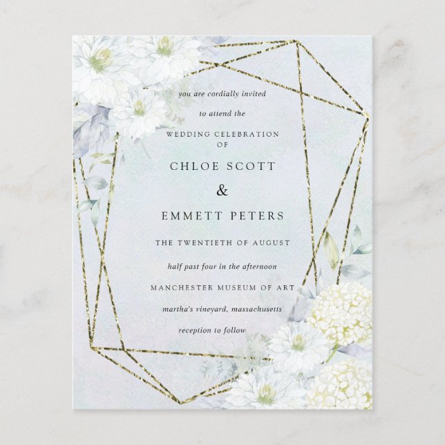 Budget White Floral Blue Wedding Invitation (Front)