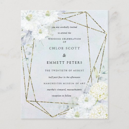 Budget White Floral Blue Wedding Invitation