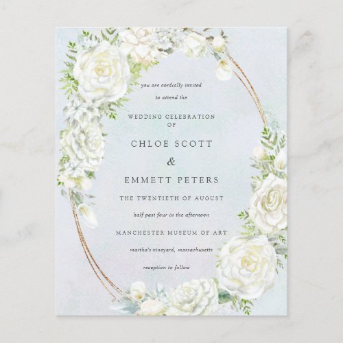 Budget White Floral Blue Wedding Invitation