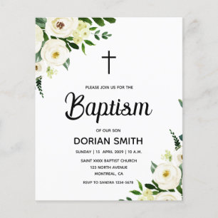 Budget White Floral Boy Baptism invitation